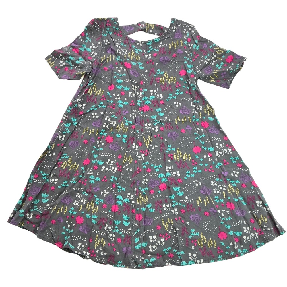 Jumping Beans Gray Floral Print Rayon Short Sleeve Dress Kids Size 5 Cutout Back